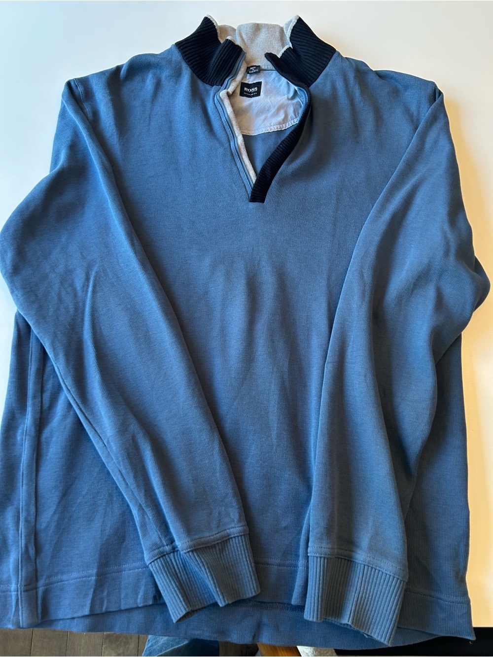Hugo Boss Blue Zip-Front Men’s Sweater with Contrast Collar